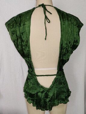 Vintage Green Plunging V-Neck Open Back Blouse Top